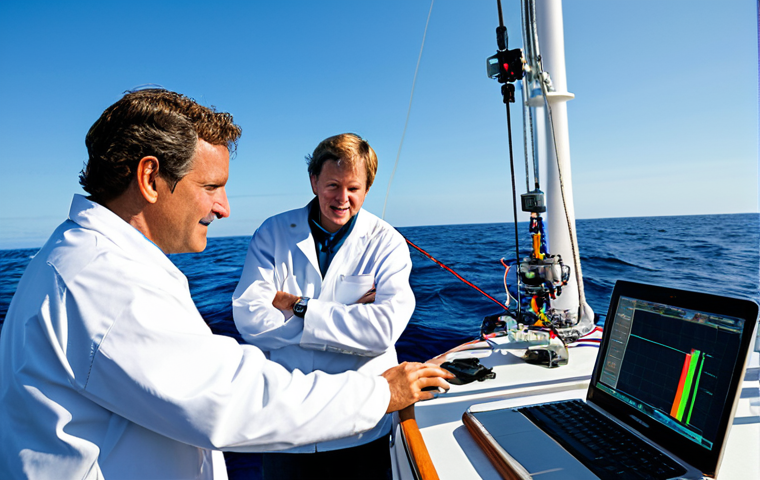 Marine Research & Technology**

A diverse team of scientists working on a research vessel, studying ocean data with advanced equipment. The scene includes sonar equipment, underwater cameras being deployed, and researchers analyzing data on computers. The vessel is in a calm, blue ocean under a sunny sky.  Fully clothed researchers in appropriate lab attire. Safe for work. Perfect anatomy, correct proportions, natural pose, well-formed hands, proper finger count. Professional, family-friendly, appropriate content.

**