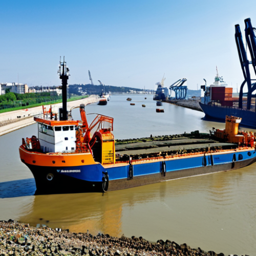 Home 26 **
"A modern dredging vessel, equipped with advanced technology, is shown removing sediment from a riverbed to maintain navigability. The river flows through a bustling coastal city with visible port activity and cargo ships. The scene emphasizes technological advancement and economic impact. Clear water, blue skies. Fully clothed workers are visible on deck. Safe for work, appropriate content, professional, perfect anatomy, natural proportions, high quality."
**