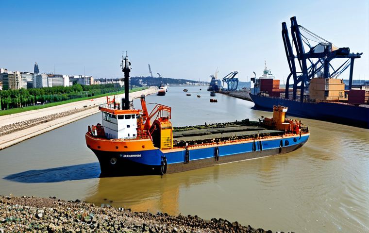 **

"A modern dredging vessel, equipped with advanced technology, is shown removing sediment from a riverbed to maintain navigability. The river flows through a bustling coastal city with visible port activity and cargo ships. The scene emphasizes technological advancement and economic impact. Clear water, blue skies. Fully clothed workers are visible on deck. Safe for work, appropriate content, professional, perfect anatomy, natural proportions, high quality."

**