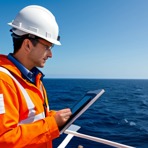 Home 25 **
A maritime engineer, fully clothed in appropriate attire, standing on a research vessel at sea. The scene depicts data collection with GIS equipment, focusing on ocean depth and currents. Background shows a clear sky and calm ocean. Safe for work, appropriate content, professional, perfect anatomy, natural proportions, high quality image, modest clothing.
**