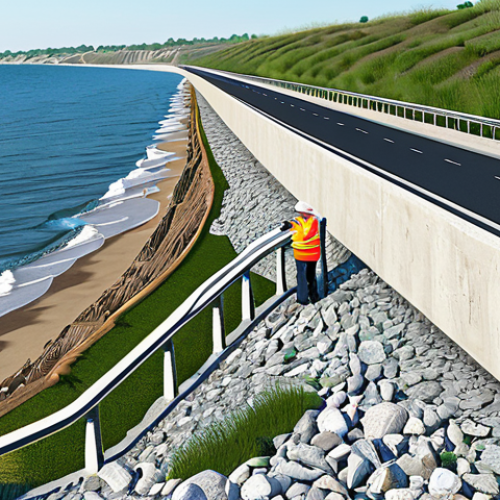 Home 12 **
"Coastal protection infrastructure, showcasing erosion control measures and a newly constructed embankment, fully clothed engineers inspecting the site, appropriate attire, safe for work, perfect anatomy, natural proportions, realistic rendering, bright daylight, professional photography, emphasis on sustainability, modest improvements to nature."
**