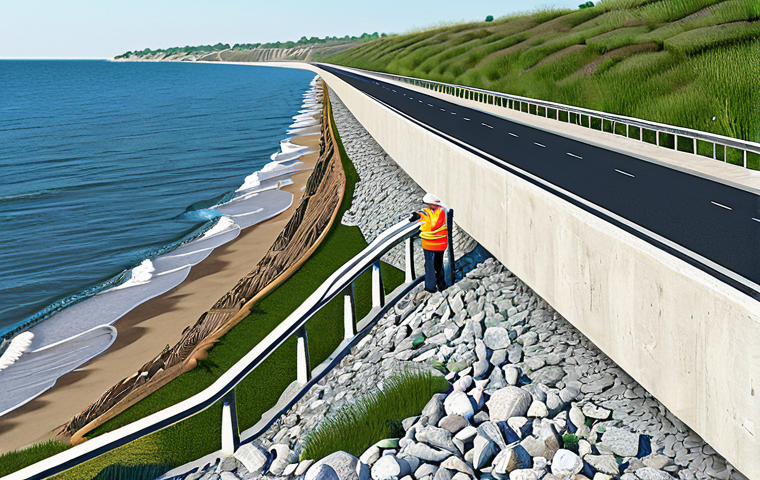 **

"Coastal protection infrastructure, showcasing erosion control measures and a newly constructed embankment, fully clothed engineers inspecting the site, appropriate attire, safe for work, perfect anatomy, natural proportions, realistic rendering, bright daylight, professional photography, emphasis on sustainability, modest improvements to nature."

**