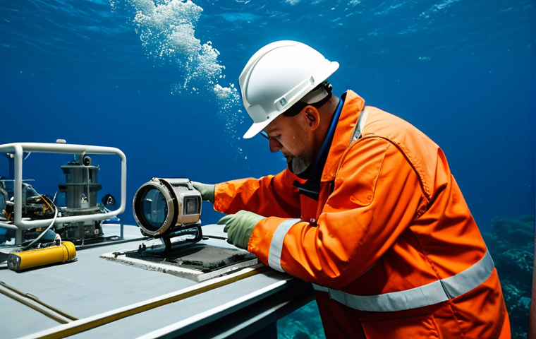 해양공학 해양 교육 및 교재 - **Image Prompt:** A fully clothed, professional marine engineer in appropriate attire, inspecting a ...