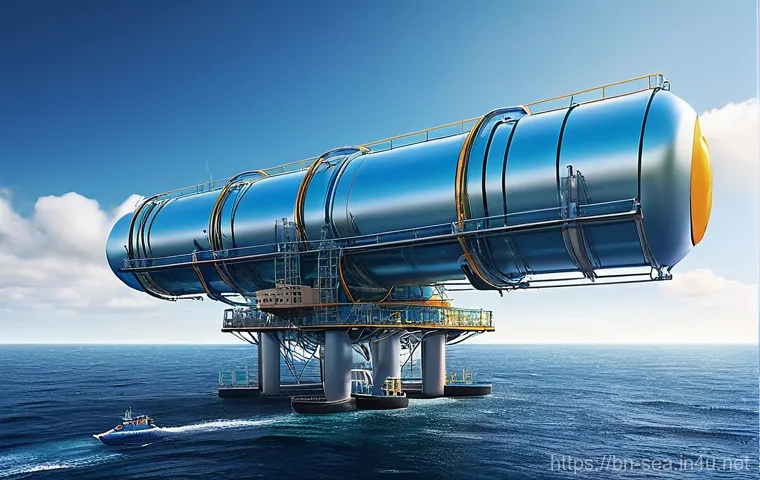 해양공학 기초 개념 - **Prompt:** A vibrant, futuristic offshore platform dedicated to harnessing clean ocean energy. The ...