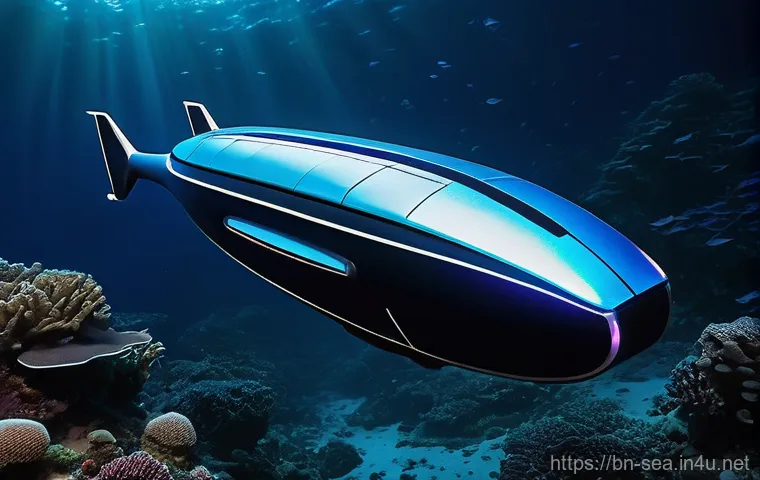 해양공학 해양연구소 동향 - **Prompt:** "A sleek, futuristic Autonomous Underwater Vehicle (AUV) with softly glowing blue and wh...
