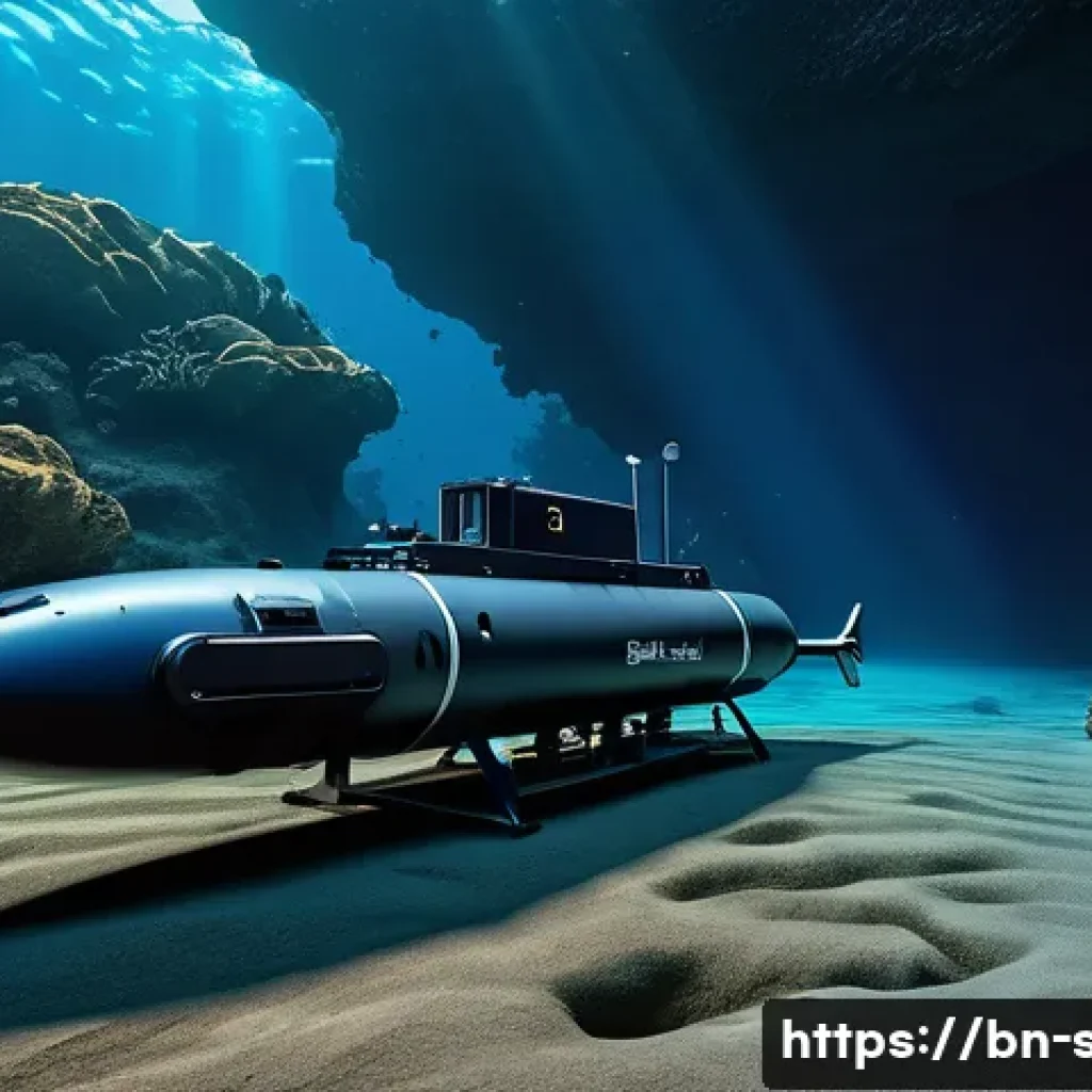 해양공학 해양탐사 기술 - An advanced underwater exploration scene showcasing a sleek Autonomous Underwater Vehicle (AUV) navi...