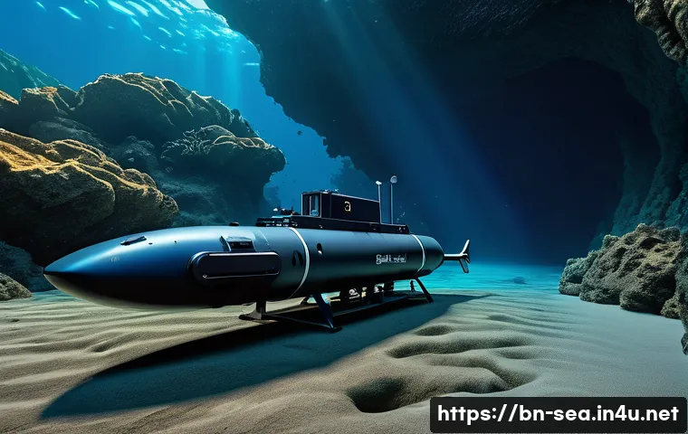 해양공학 해양탐사 기술 - An advanced underwater exploration scene showcasing a sleek Autonomous Underwater Vehicle (AUV) navi...