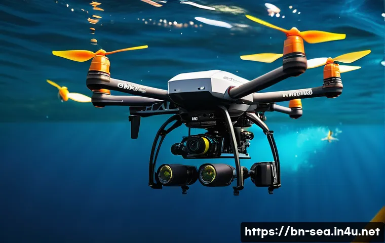 해양공학 해양 AI 자동화 - A high-tech underwater drone equipped with robotic arms collecting marine soil and water samples in ...