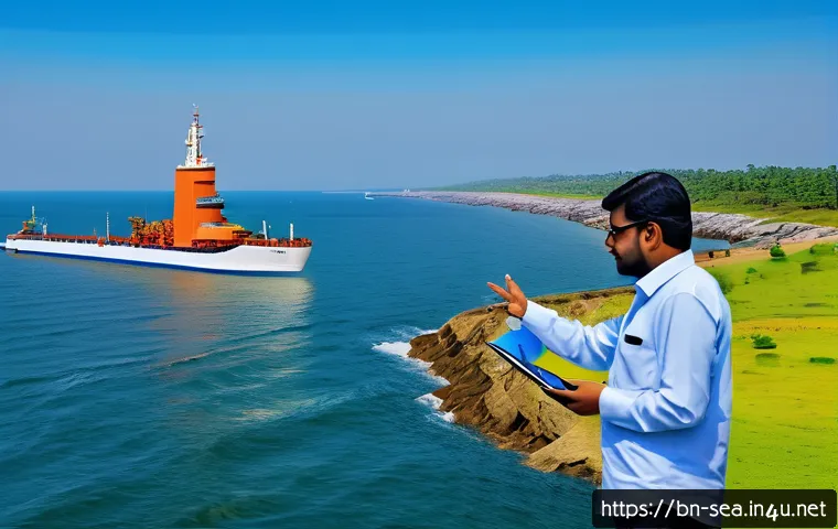 해양공학 박사 과정 - A detailed coastal engineering research laboratory scene featuring Bengali researchers in profession...