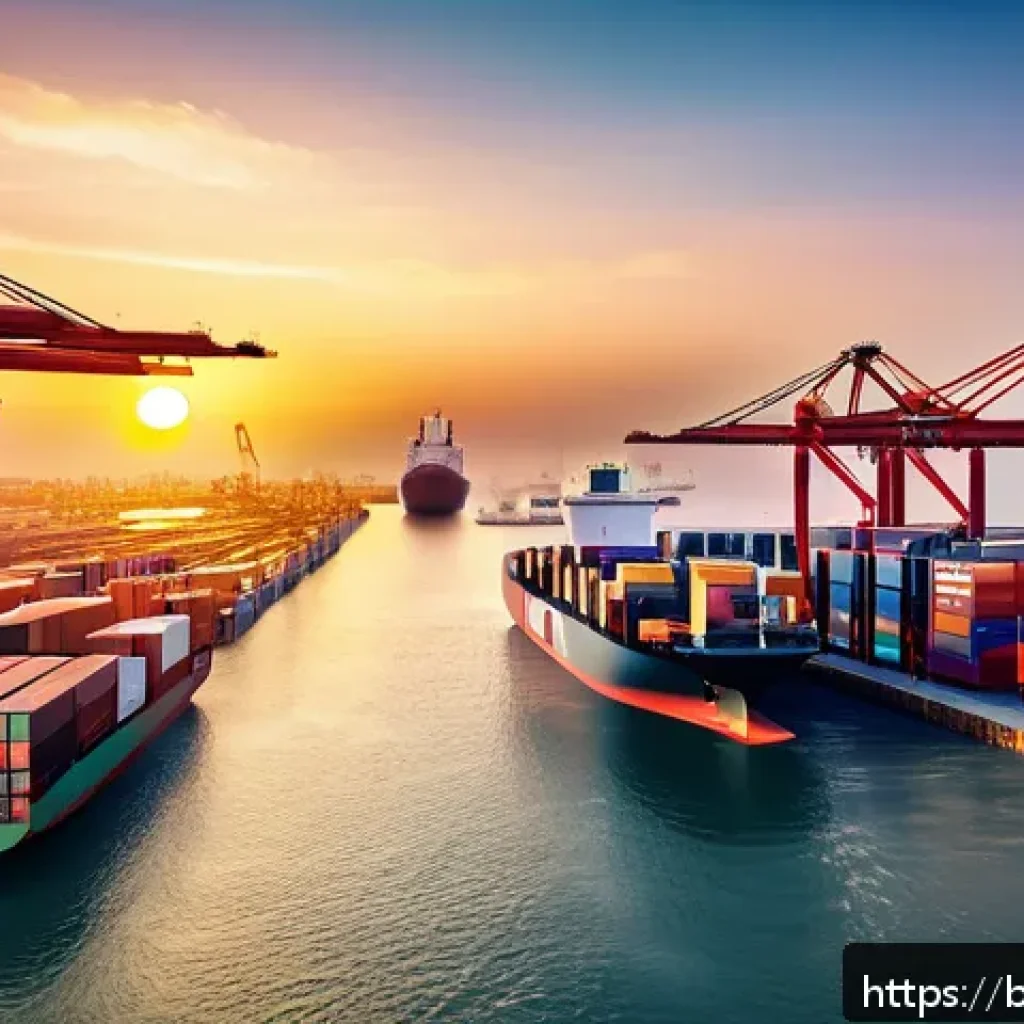 해양공학 항만공학 - A futuristic smart port scene at sunset featuring autonomous cargo ships navigating precisely throug...