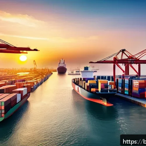 해양공학 항만공학 - A futuristic smart port scene at sunset featuring autonomous cargo ships navigating precisely throug...