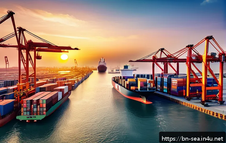 해양공학 항만공학 - A futuristic smart port scene at sunset featuring autonomous cargo ships navigating precisely throug...
