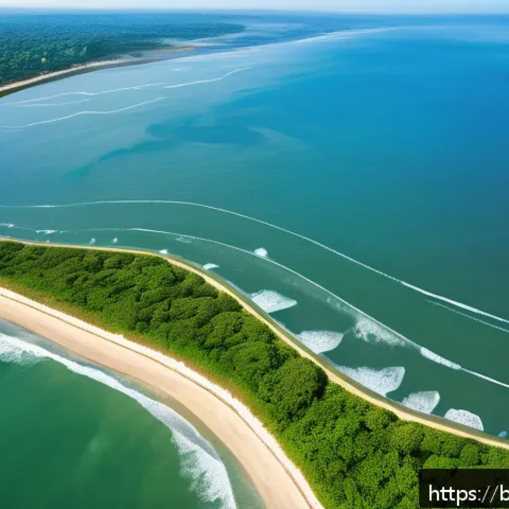 해양공학 유체역학 기초 - A detailed aerial view of a coastal engineering scene showing dynamic ocean fluid motion: swirling s...