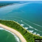 해양공학 유체역학 기초 - A detailed aerial view of a coastal engineering scene showing dynamic ocean fluid motion: swirling s...