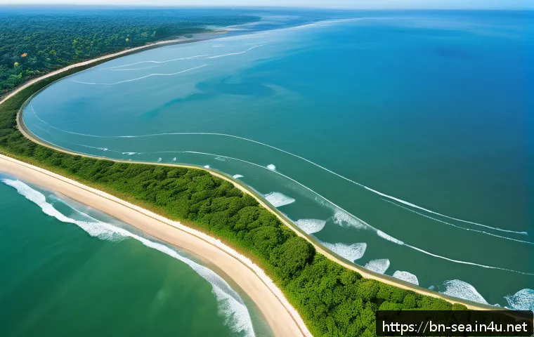 해양공학 유체역학 기초 - A detailed aerial view of a coastal engineering scene showing dynamic ocean fluid motion: swirling s...