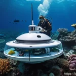 해양공학 석사 과정 - A detailed underwater scene showcasing advanced marine engineering technology: a remote-controlled s...