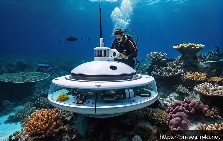 해양공학 석사 과정 - A detailed underwater scene showcasing advanced marine engineering technology: a remote-controlled s...