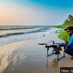 해양공학 해양 관측 기술 - A detailed scientific scene showing a coastal marine researcher operating a high-tech drone equipped...