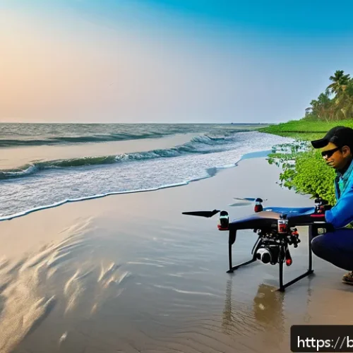해양공학 해양 관측 기술 - A detailed scientific scene showing a coastal marine researcher operating a high-tech drone equipped...