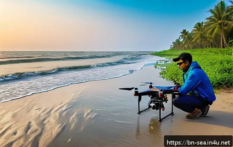 해양공학 해양 관측 기술 - A detailed scientific scene showing a coastal marine researcher operating a high-tech drone equipped...