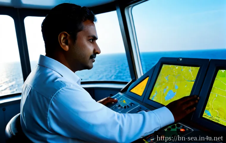 해양공학 해양 GPS 시스템 - Photorealistic marine engineer on the bridge of a modern research vessel, studying a large glowing G...