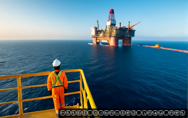 해양공학 해양가스전 개발 - Photorealistic offshore natural gas platform at sunrise, towering steel drilling rig rising above ca...
