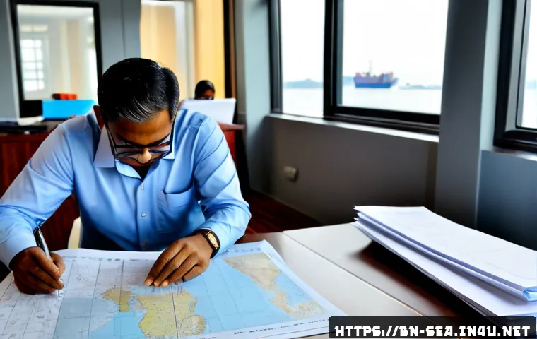 해양공학 해양 법규 분석 - Photorealistic maritime engineering legal analysis scene in a modern coastal office, Bangladeshi mar...